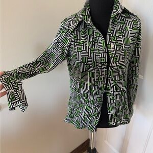 Vintage Dayne Taylor brand shirt black, white and green long sleeves M 100% poly